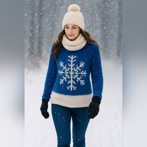 Black Rivet Blue Fuzzy Snowflake Sweater Women’s Large Soft Cozy Winter Holiday